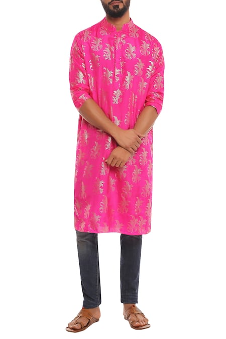 Masaba_Pink Tropical Banana Sapling Motif Print Kurta_Online_at_Aza_Fashions