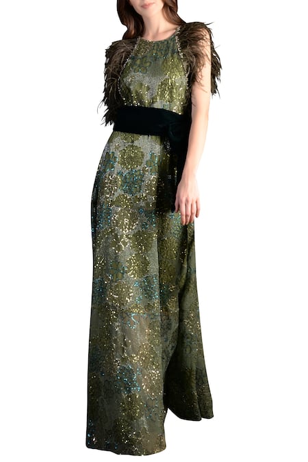 Not So Serious By Pallavi Mohan Green Embroidered Gown