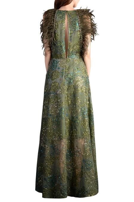 Shop_Not So Serious By Pallavi Mohan_Green Embroidered Gown_at_Aza_Fashions