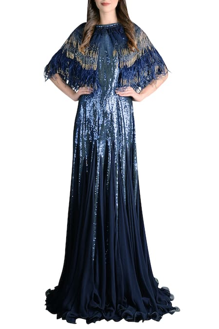 Not So Serious By Pallavi Mohan Blue Viscose Embelished Cape Gown