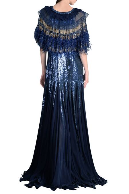 Shop_Not So Serious By Pallavi Mohan_Blue Viscose Embelished Cape Gown_at_Aza_Fashions