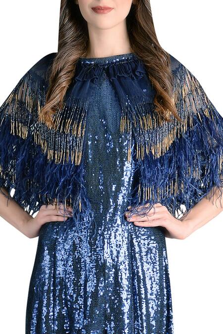 Shop Not So Serious By Pallavi Mohan Blue Viscose Embelished Cape Gown Online at Aza Fashions Shop_Not So Serious By Pallavi Mohan_Blue Viscose Embelished Cape Gown_Online_at_Aza_Fashions