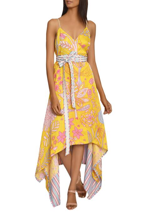 Swati Vijaivargie_Yellow Linen Satin Printed Floral Asymmetric Dress _Online_at_Aza_Fashions