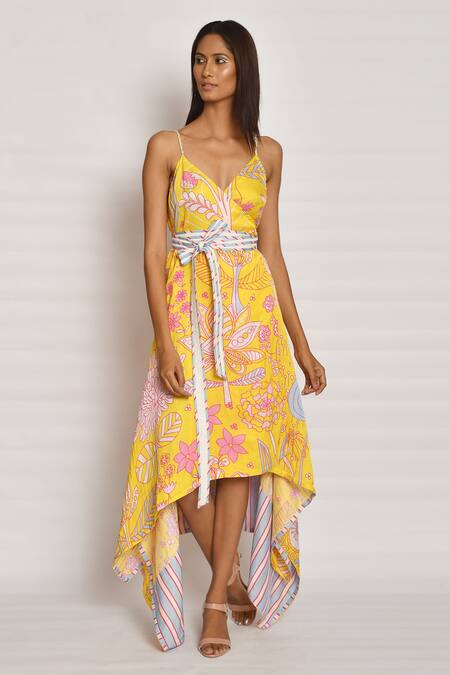 Buy_Swati Vijaivargie_Yellow Linen Satin Printed Floral Asymmetric Dress _Online_at_Aza_Fashions