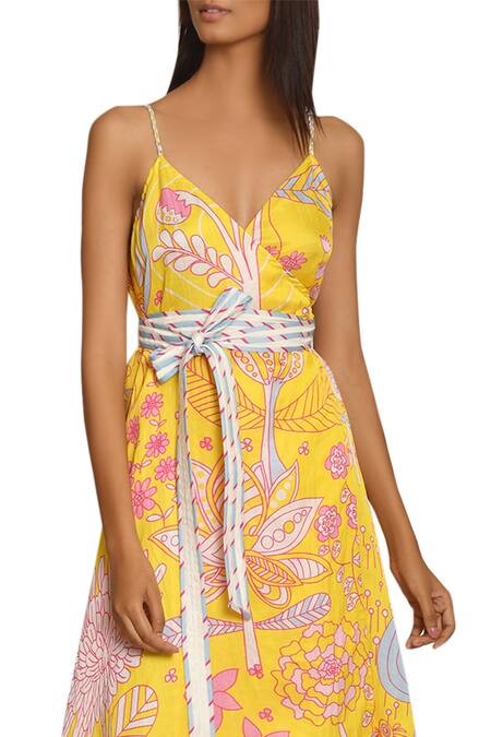 Shop_Swati Vijaivargie_Yellow Linen Satin Printed Floral Asymmetric Dress _Online_at_Aza_Fashions