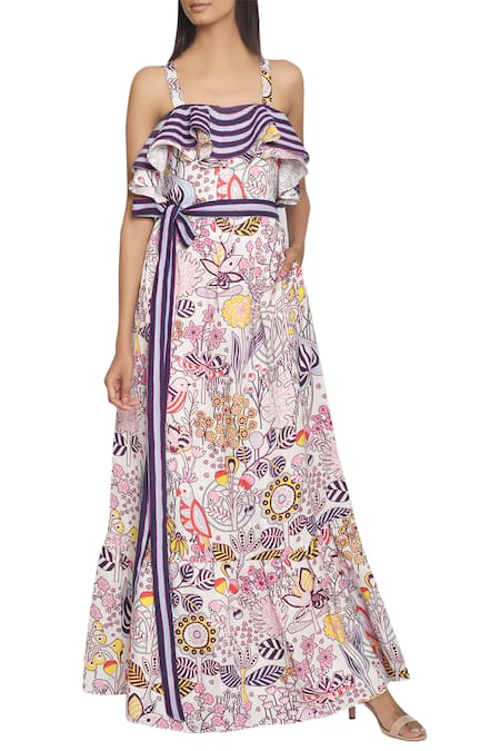 Swati Vijaivargie Off White Linen Satin Printed Garden Floral Dress 