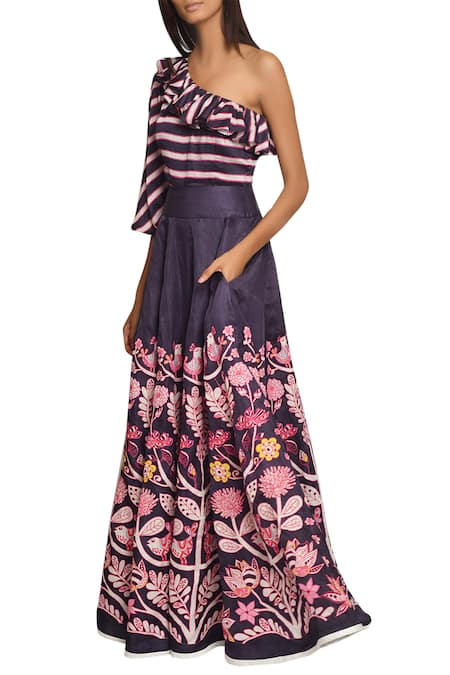 Swati Vijaivargie Blue Linen Satin Printed Striped Blouse And Lehenga Set 