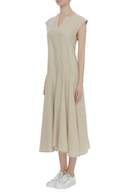 Buy_Padma Raj Keshri_Beige Sleeveless Flared Midi Dress_Online_at_Aza_Fashions