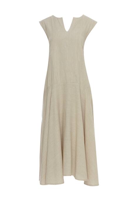 Shop_Padma Raj Keshri_Beige Sleeveless Flared Midi Dress_Online_at_Aza_Fashions