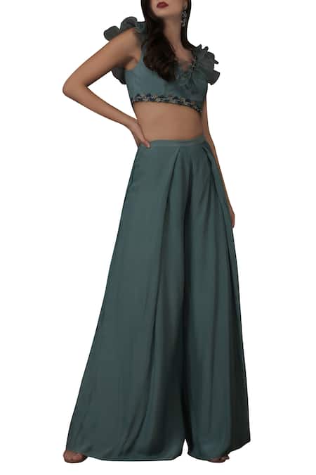 Buy_Silky Bindra_Blue Organza, Crepe, Shantoon Floral Embroidered Pant Set_Online_at_Aza_Fashions