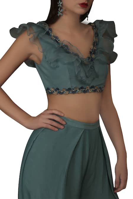 Silky Bindra_Blue Organza, Crepe, Shantoon Floral Embroidered Pant Set_Online_at_Aza_Fashions