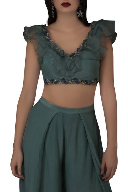 Shop_Silky Bindra_Blue Organza, Crepe, Shantoon Floral Embroidered Pant Set_Online_at_Aza_Fashions