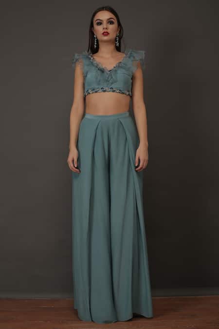 Silky Bindra Blue Organza, Crepe, Shantoon Floral Embroidered Pant Set