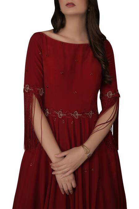 Shop_Silky Bindra_Red Tulle, Crepe, Shantoon Floral, Nakshi Embroidered Anarkali Set _Online_at_Aza_Fashions