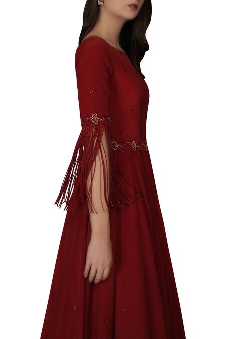 Silky Bindra_Red Tulle, Crepe, Shantoon Floral, Nakshi Embroidered Anarkali Set _Online_at_Aza_Fashions