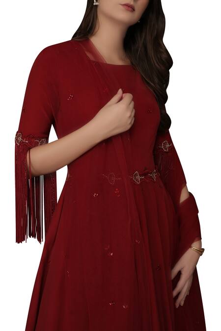 Silky Bindra_Red Tulle, Crepe, Shantoon Floral, Nakshi Embroidered Anarkali Set _at_Aza_Fashions
