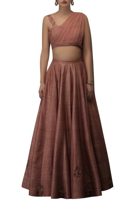 Silky Bindra_Pink Tulle, Shantoon, Rawsilk Floral Motifs Embroidered Lehenga Set_Online_at_Aza_Fashions