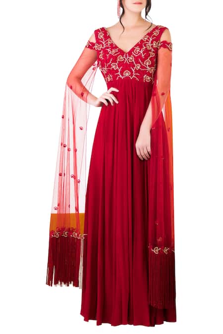 Shop Silky Bindra Red Embroidered Anarkali Gown at Aza Fashions Shop_Silky Bindra_Red Embroidered Anarkali Gown _at_Aza_Fashions