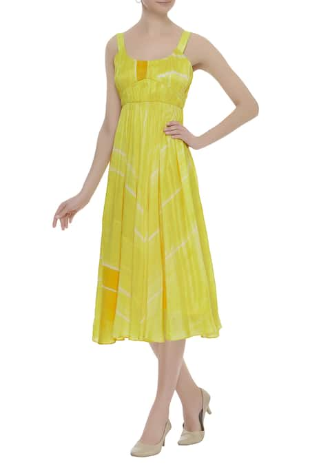 Vedika M Yellow Silk Printed Scoop Sunlight Garden Dress  