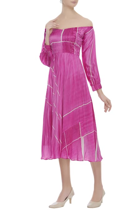 Vedika M Pink Silk Straight Off Shoulder Dress  