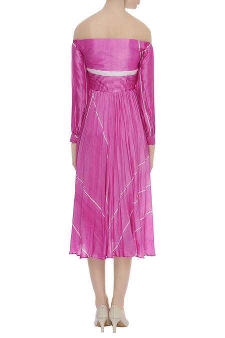 Shop_Vedika M_Pink Silk Straight Off Shoulder Dress_at_Aza_Fashions