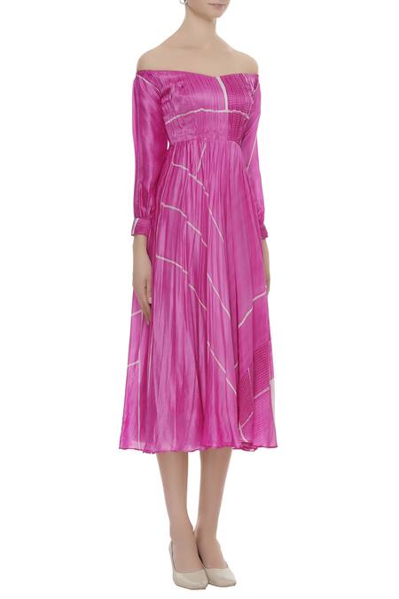 Vedika M_Pink Silk Straight Off Shoulder Dress_Online_at_Aza_Fashions