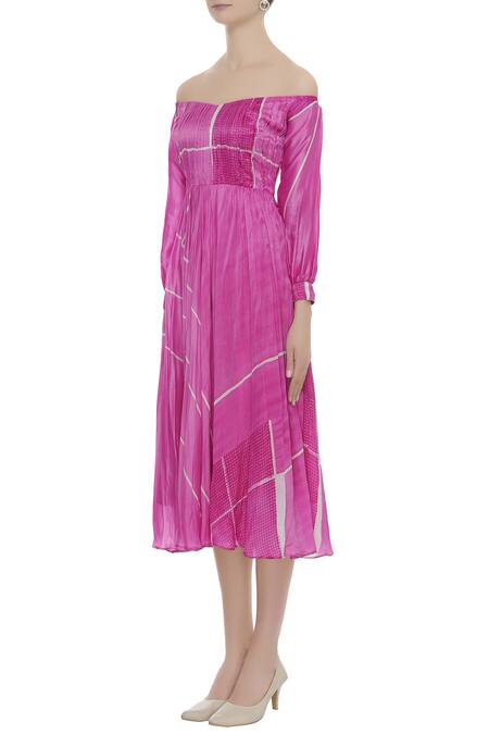 Buy_Vedika M_Pink Silk Straight Off Shoulder Dress_Online_at_Aza_Fashions