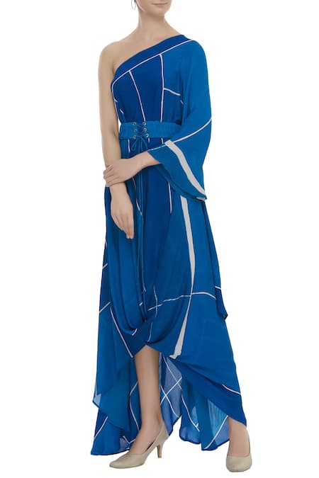 Vedika M Blue Georgette Printed One-shoulder Draped Dress  