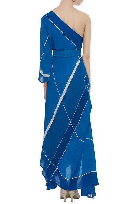 Shop Vedika M Blue Georgette One-shoulder Printed Draped Dress at Aza Fashions Shop_Vedika M_Blue Georgette One-shoulder Printed Draped Dress_at_Aza_Fashions