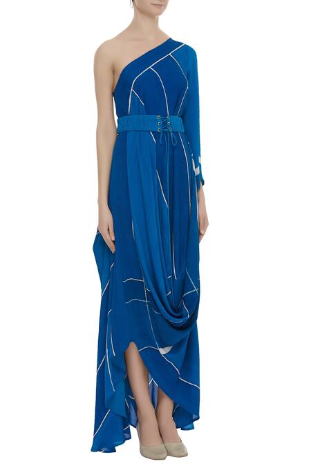 Vedika M Blue Georgette One-shoulder Printed Draped Dress Online at Aza Fashions Vedika M_Blue Georgette One-shoulder Printed Draped Dress_Online_at_Aza_Fashions
