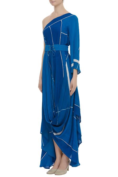 Buy Vedika M Blue Georgette One-shoulder Printed Draped Dress Online at Aza Fashions Buy_Vedika M_Blue Georgette One-shoulder Printed Draped Dress_Online_at_Aza_Fashions
