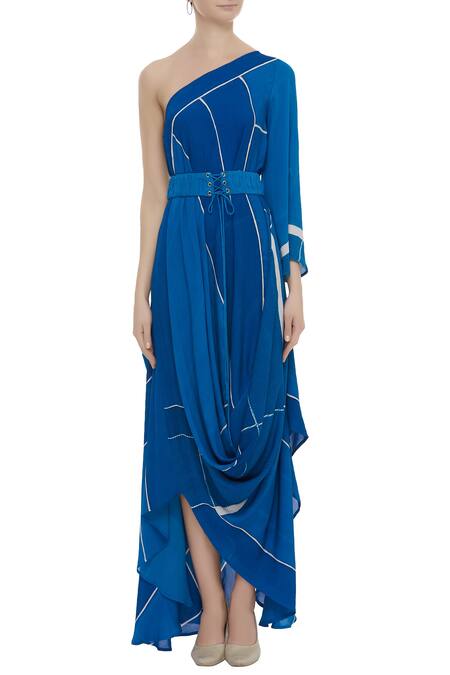 Shop Vedika M Blue Georgette One-shoulder Printed Draped Dress Online at Aza Fashions Shop_Vedika M_Blue Georgette One-shoulder Printed Draped Dress_Online_at_Aza_Fashions