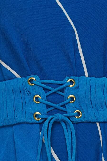 Vedika M Blue Georgette One-shoulder Printed Draped Dress at Aza Fashions Vedika M_Blue Georgette One-shoulder Printed Draped Dress_at_Aza_Fashions