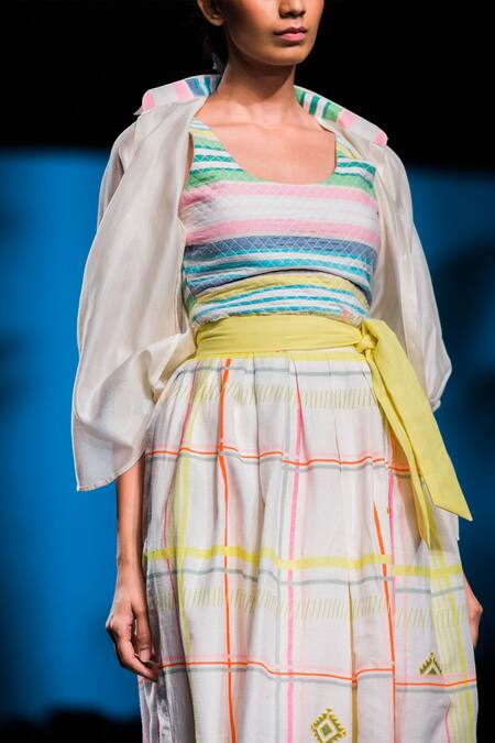 Shop Arcvsh By Pallavi Singh White Bamberg Cotton Checkered Shoulder Neck Midi Skirt at Aza Fashions Shop_Arcvsh By Pallavi Singh_White Bamberg Cotton Checkered Shoulder Neck Midi Skirt_at_Aza_Fashions