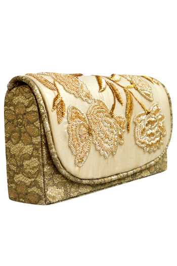 Rusaru_Gold Hand Embroidered Clutch_Online_at_Aza_Fashions