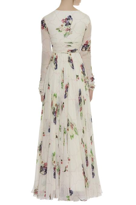 Shop_Mahima Mahajan_White V Neck Printed Anarkali With Dupatta_at_Aza_Fashions