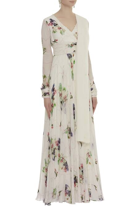 Mahima Mahajan_White V Neck Printed Anarkali With Dupatta_Online_at_Aza_Fashions