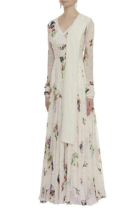 Buy_Mahima Mahajan_White V Neck Printed Anarkali With Dupatta_Online_at_Aza_Fashions