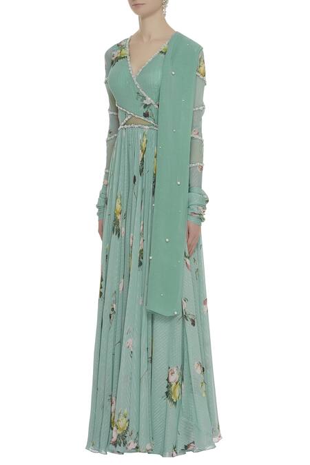 Mahima Mahajan_Blue V Neck Embroidered Anarkali With Dupatta_Online_at_Aza_Fashions