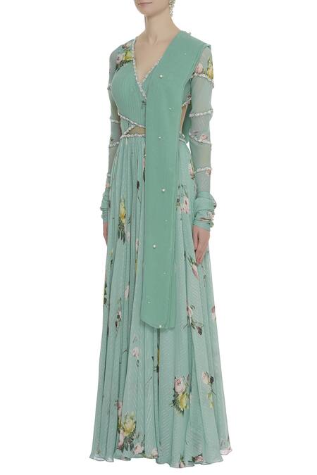 Buy_Mahima Mahajan_Blue V Neck Embroidered Anarkali With Dupatta_Online_at_Aza_Fashions