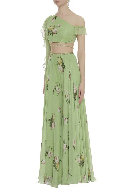 Mahima Mahajan_Green Asymmetric Printed Top Palazzo Set_Online_at_Aza_Fashions