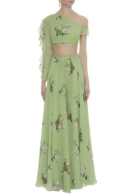 Buy_Mahima Mahajan_Green Asymmetric Printed Top Palazzo Set_Online_at_Aza_Fashions