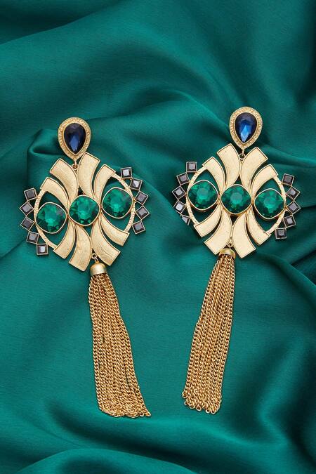 Buy Masaya Jewellery Green Symmetric Tassel Earrings Online at Aza Fashions Buy_Masaya Jewellery_Green Symmetric Tassel Earrings _Online_at_Aza_Fashions