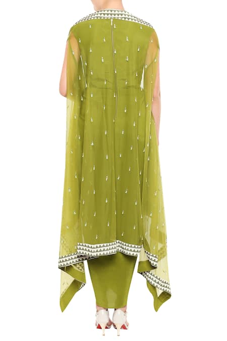 Shop_Soup By Sougat Paul_Green Net, Crepe Geometric, Sequin Round Draped Dress With Asymmetrical Jacket _at_Aza_Fashions