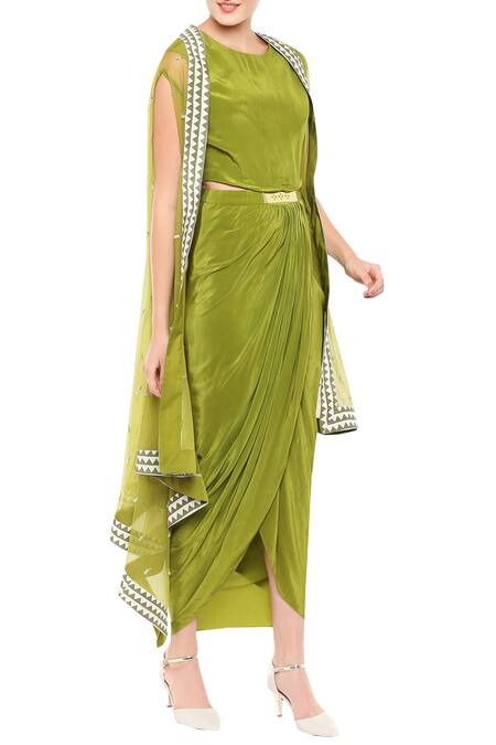 Shop_Soup By Sougat Paul_Green Net, Crepe Geometric, Sequin Round Draped Dress With Asymmetrical Jacket _Online_at_Aza_Fashions