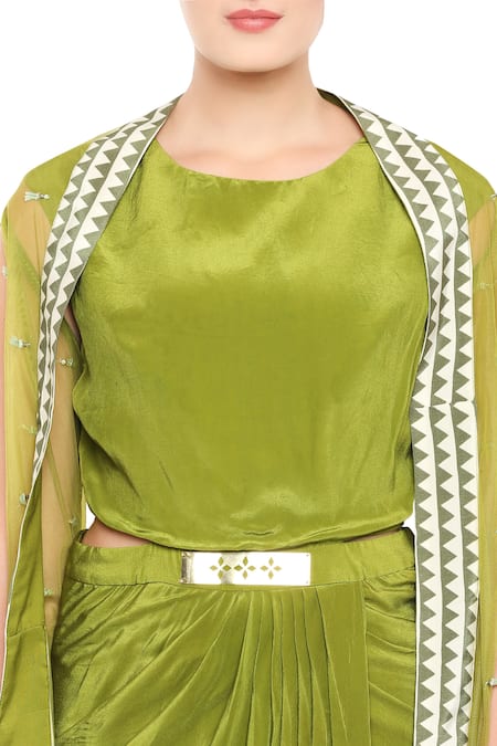 Soup By Sougat Paul_Green Net, Crepe Geometric, Sequin Round Draped Dress With Asymmetrical Jacket _at_Aza_Fashions