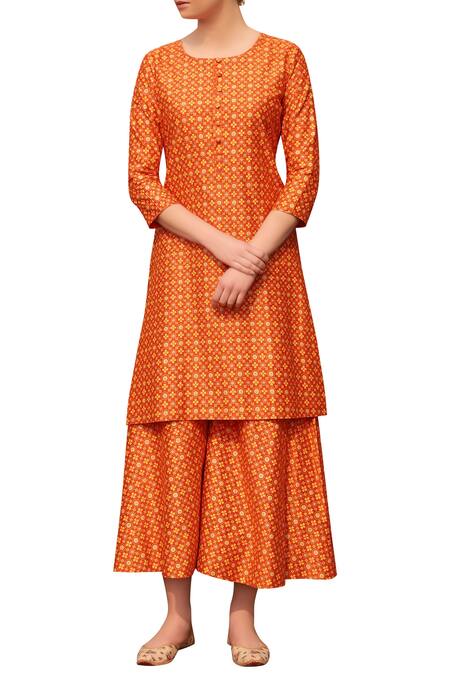 Seema Nanda_Orange Chanderi Silk Printed Floral Round Kurta Set  _Online_at_Aza_Fashions