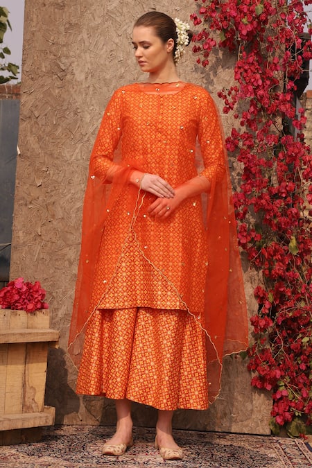 Buy_Seema Nanda_Orange Chanderi Silk Printed Floral Round Kurta Set  _Online_at_Aza_Fashions