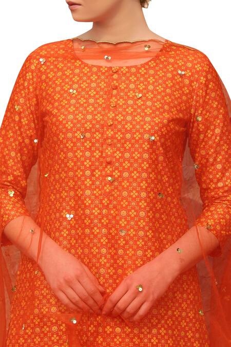 Shop_Seema Nanda_Orange Chanderi Silk Printed Floral Round Kurta Set  _Online_at_Aza_Fashions