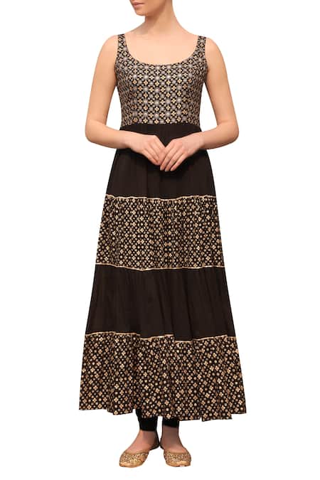 Seema Nanda_Black Fine Cotton Mul Floral Print Anarkali Set _Online_at_Aza_Fashions